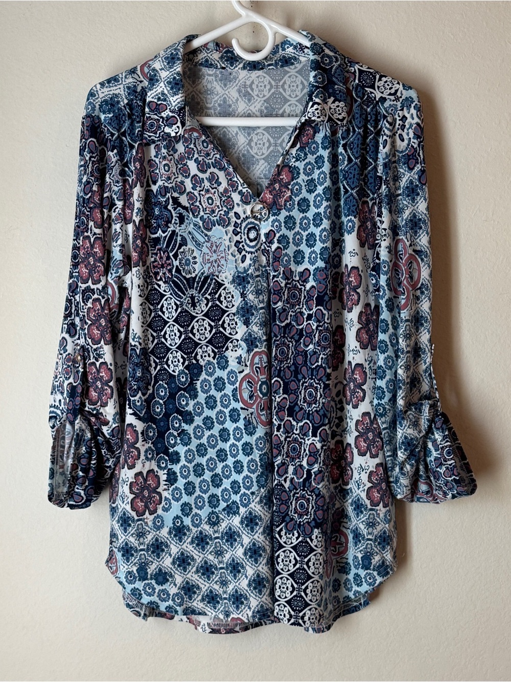Valolia Lapel V Neck Tunic Work Blouse Office Wear Stretch Knit Floral Print